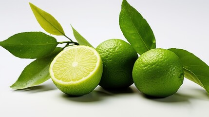 Three limes with leaves on a white background