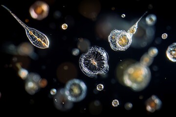 Floating plankton cells under darkfield microscopy showing intricate structures, concept for marine biology research, environmental studies and ocean ecosystem illustration