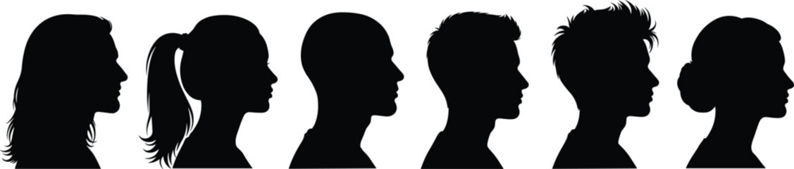 Silhouette of man and woman head profiles, hairstyle variations, ponytail, bun, bald, short hair, side view, vector illustration
