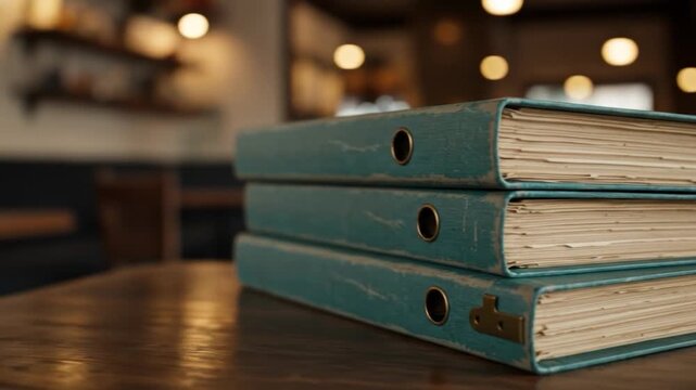 Teal ring binders stacked on wooden desk for business and education concepts