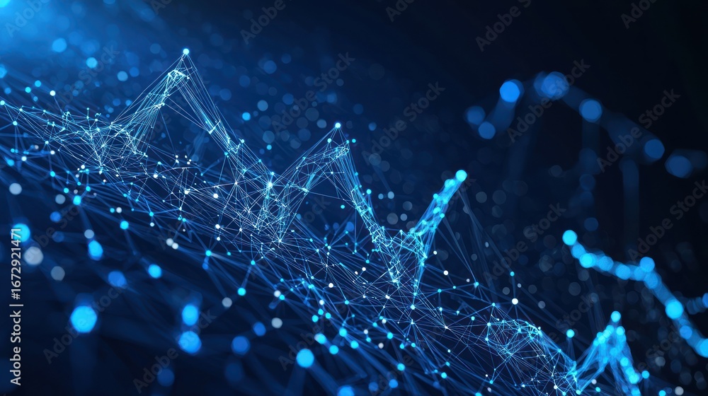 Aufkleber graph grows. low poly wireframe mesh looks like constellation on dark blue background with dots and 