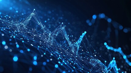 Obraz premium Graph grows. Low poly wireframe mesh looks like constellation on dark blue background with dots and stars. Crumbled edge. success, achievement and business symbol, illustration or background