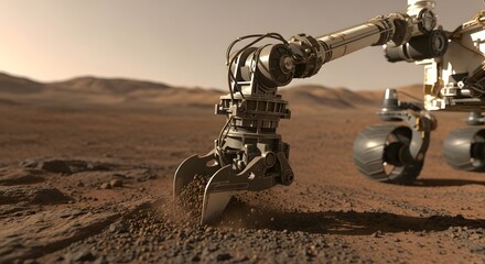 Mars rover collecting soil sample on the red planet's surface with its robotic arm and wheels visible
