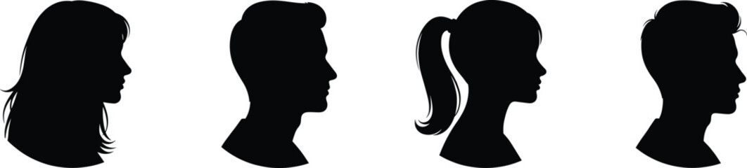 Silhouette of man and woman head profiles, male and female hairstyles, ponytail, short hair, side view, vector illustration
