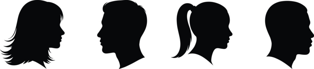 Silhouette of man and woman head profiles, male and female hairstyles, ponytail, short haircut, fashion hairstyle, side view, vector