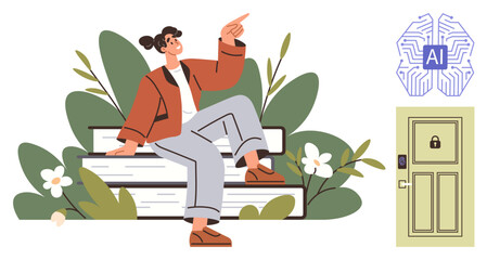 Young woman sitting on books in a natural setting pointing upward, AI circuit visualization, and locked door. Ideal for education, AI, self-growth, creativity, learning, security and simple landing