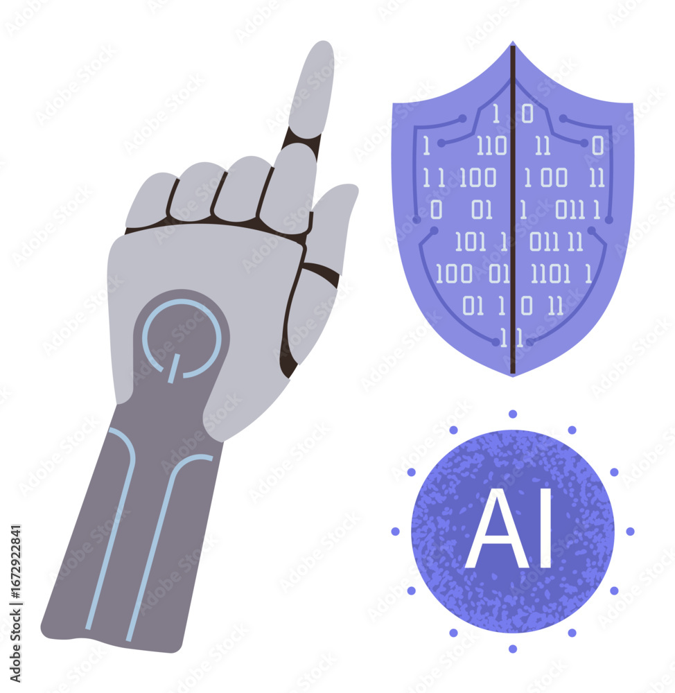 Poster robotic hand pointing upward, binary-coded shield, and ai circle icon highlighting concepts of artif