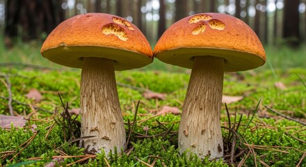 Delightful duo of orange-capped mushrooms nestled in vibrant green moss in a peaceful forest, perfect for nature lovers and foodies alike
