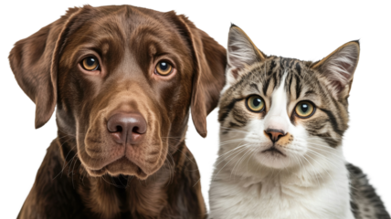 Chocolate Labrador and Tabby Cat Portrait on White Background