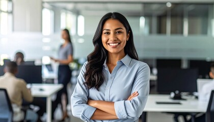 Smiling Latin American Professional with Arms Crossed, Exuding Success and Positivity in Her Workplace