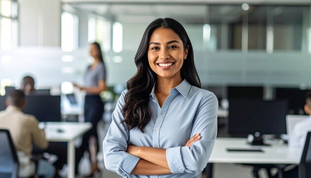 Smiling Latin American Professional with Arms Crossed, Exuding Success and Positivity in Her Workplace - Powered by Adobe