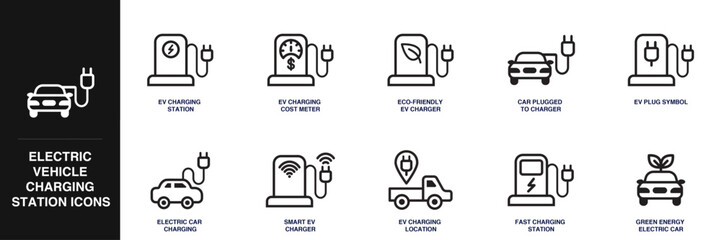 Electric Vehicle Charging Stations Line Icon Set