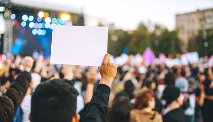 Protestors holding blank signs at a rally with a stage and lights in the background.