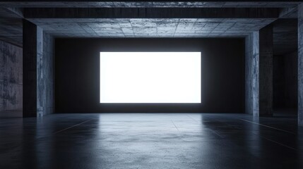 Front view of blank white glowing digital screen in dark hall interior with concrete floor and black wall. Presentation concept. Mockup, closeup, 3D Rendering