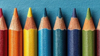 Close-up of eight sharpened colored pencils arranged in a row against a blue background