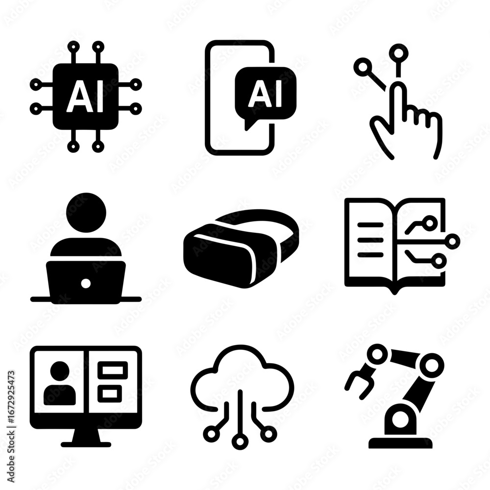 Poster vector a collection of ai and technology icons including vr headset and robotic arm icon on transpar