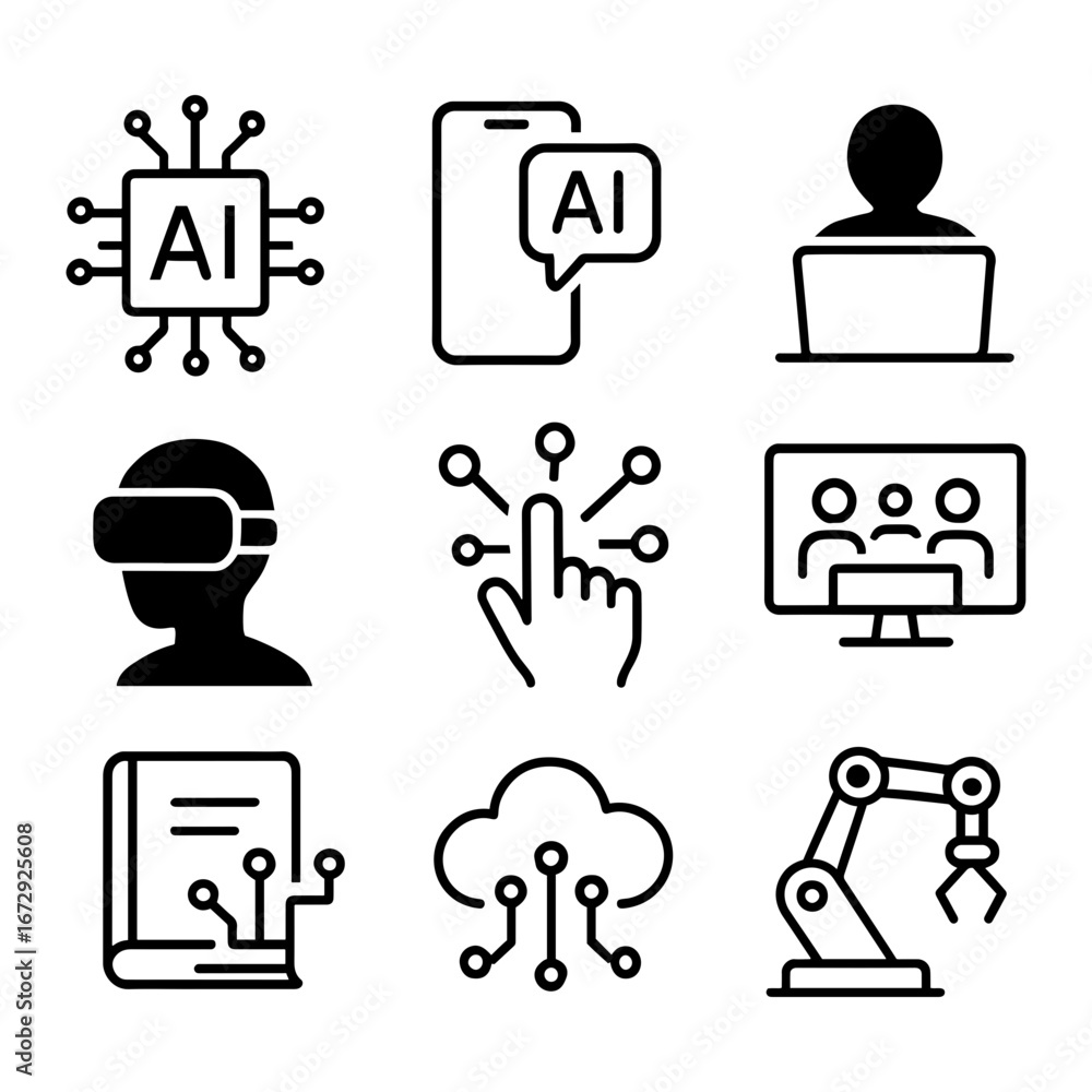 Poster vector illustration showing artificial intelligence and technology related symbols on transparent ba