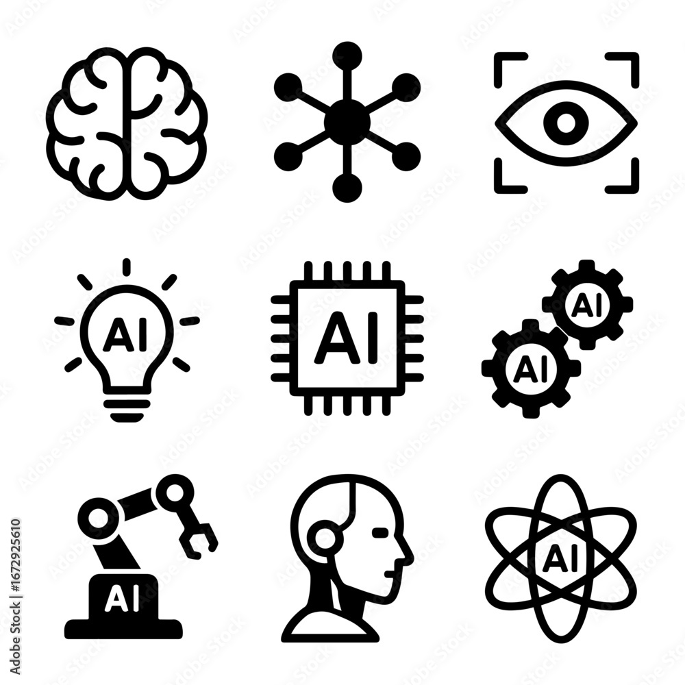 Poster vector illustration showing various artificial intelligence related icons in black color on transpar
