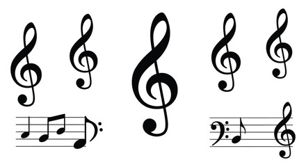A collection of black treble clef music notes and symbols on a staff