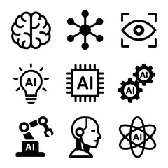 Vector Illustration showing various artificial intelligence related icons in black color on transparent background