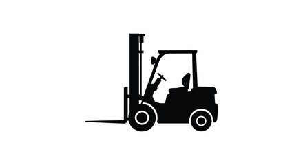 A black silhouette of a forklift on a white background