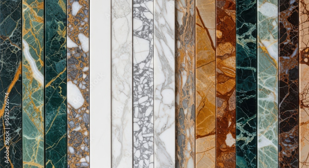 Poster a vertical collection of colorful marble samples with distinct veining patterns and textures