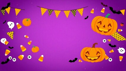 Whimsical halloween party scene with pumpkins ghosts bats and candy corn