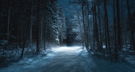 Obraz premium Snowy winter forest path at night