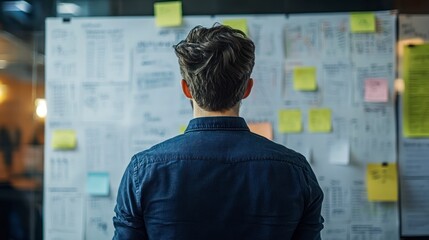 Man reviews project plans, analyzing notes and sticky notes on a large whiteboard.