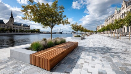 Modern waterfront promenade with wooden bench, trees, and buildings