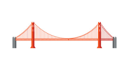A bright orange suspension bridge with two towers and cables