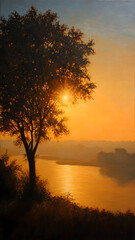 Fototapeta premium Golden Hour Serenity A Luminous Tree Silhouetted Against a River at Sunset Radiating Warmth and Tranquility through Nature's Artwork