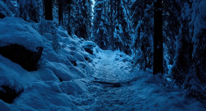 Snowy winter path through dark forest