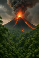 AI-Generated image of a powerful volcano erupting above a lush tropical jungle.