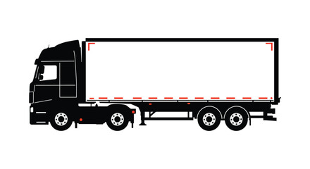 A black semi truck with a large white trailer and red reflective lights