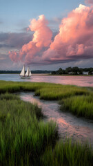 Fototapeta premium Coastal Serenity A Sailboat's Journey Under Pink Clouds Over Marsh and Stream