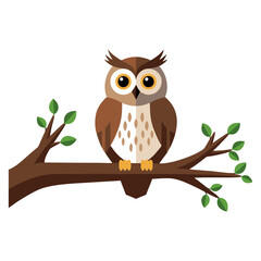 Vector illustration of an owl character perched on a tree branch.isolated on a white background.
