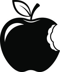 Black silhouette of bitten apple with leaf and stem, minimalist vector design for branding, logo, food, and symbolic concepts