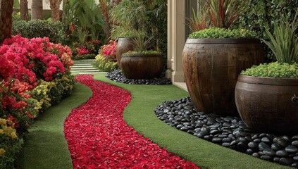 Winding petal path, lush landscaping, stone accents
