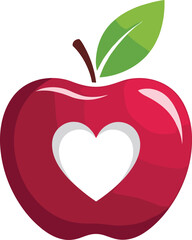 Red apple vector with green leaf, heart‑shaped cutout, glossy highlights for wellness, nutrition, health, love, and education concepts