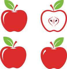 Set of four red apples with green leaves, whole and cross‑section views, decorative vector illustration for food, nature, and education themes