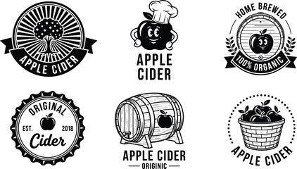 Set of six black and white apple cider logos, vintage vector style with apples, barrels, baskets for organic drink branding design