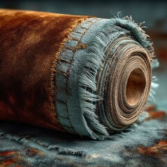 Rolled fabric with frayed edges and earthy tones