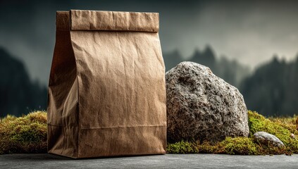 Brown paper bag sits beside a rock on mossy ground with a blurry mountain backdrop