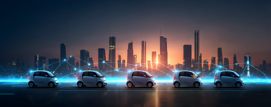 Rental car concept with transportation and fleet. Autonomous electric microcars in line against a futuristic smart city skyline at dusk