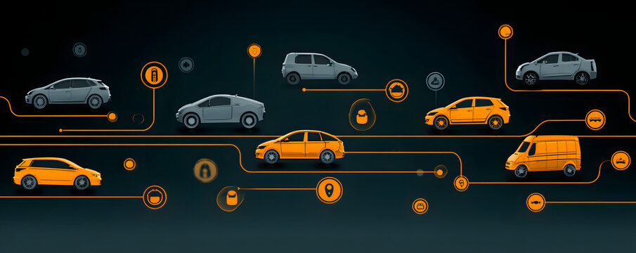 Rental car concept with transportation and fleet. Connected vehicle network illustration with security, data, and telematics icons
