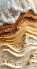 Creamy swirls of tan and white, resembling sand and waves, with small shell pieces