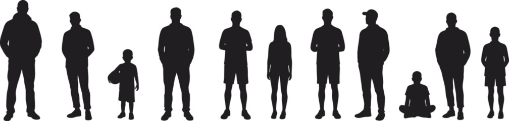 Silhouette of people group children adults sitting standing crowd family outline diverse human figures society black vector illustration design