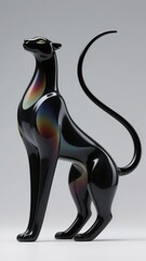 Elegant Black Glass Sculpture of a Standing Cat with Iridescent Accents