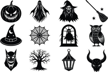 Halloween Black Silhouette Vector Pack of Witch, Ghost, Owl, Skull, Haunted Tree, Lantern, Spider Web and Broomstick Clipart Icons